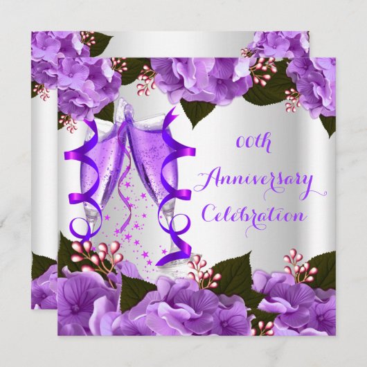 Invitation Fête Anniversaire Élégante Fleurs violettes (Devant / Derrière)
