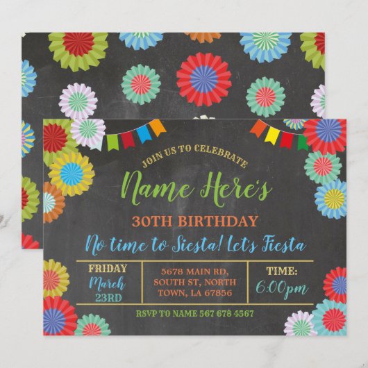 Invitation Fête Anniversaire Floral Mexicain Fans lumineux (Devant / Derrière)