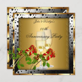 Invitation Fête Anniversaire Gold Red Rose Floral (Devant / Derrière)