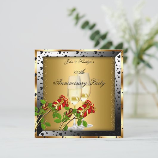Invitation Fête Anniversaire Gold Red Rose Floral (Debout devant)
