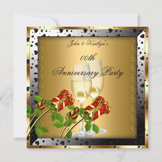 Invitation Fête Anniversaire Gold Red Rose Floral (Devant)