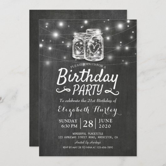 Invitation Fête Anniversaire Mason Jars Chaîne Lights Chalkbo (Devant / Derrière)