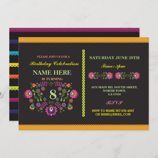 Invitation Fête Anniversaire mexicain modèle Floral Invitatio (Devant / Derrière)
