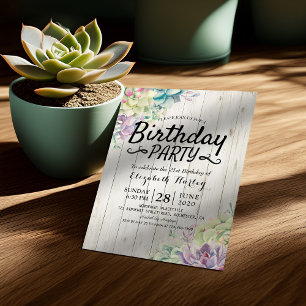 Invitation Fête Anniversaire Moderne Succulent Plante Bois ru