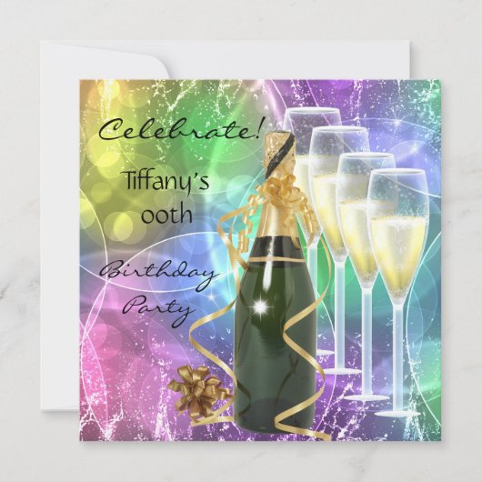 Invitation Fête Anniversaire Pink Blue Gold Champagne (Devant)