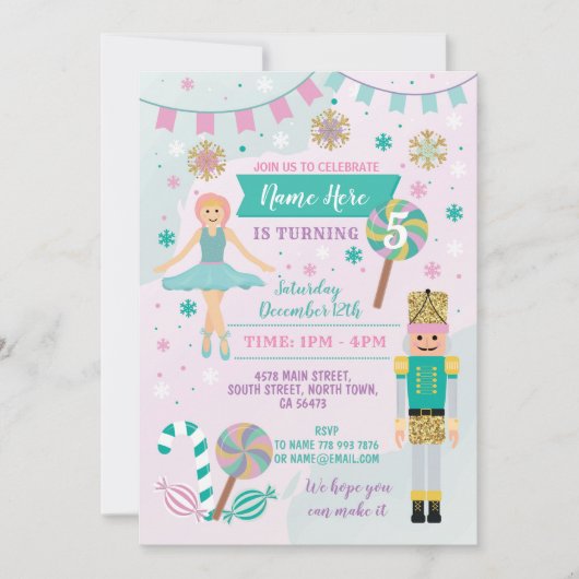 Invitation Fête Anniversaire Pink Nutcracker Ballet de Noël (Devant)