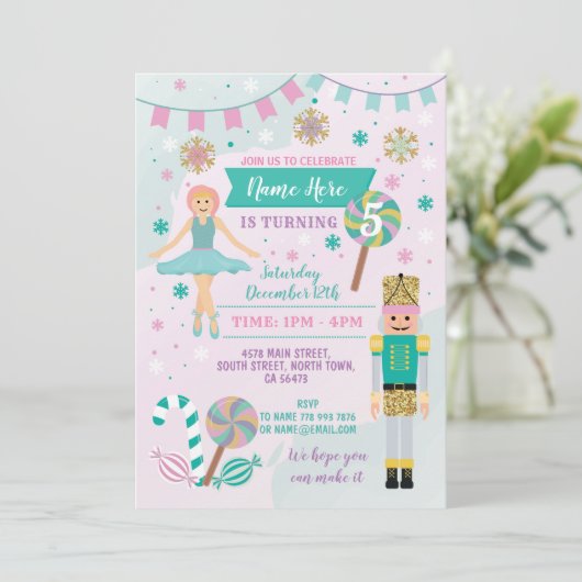 Invitation Fête Anniversaire Pink Nutcracker Ballet de Noël (Debout devant)