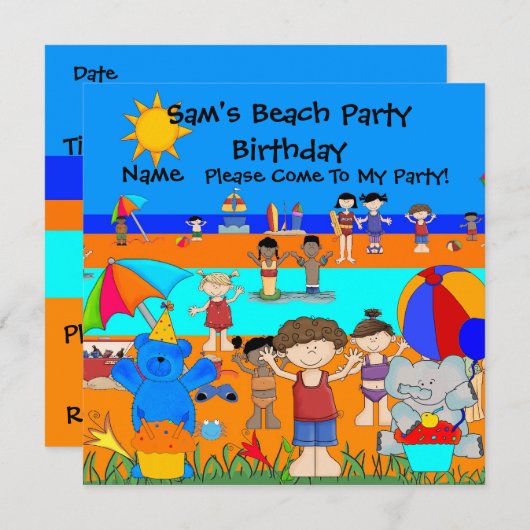 Invitation fête Anniversaire Plage Garçon Fille En (Devant / Derrière)