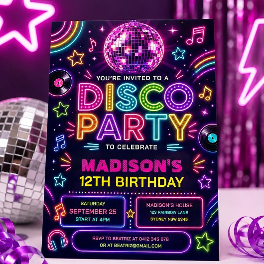 Invitation Fête Anniversaire Rétro Disco Néon