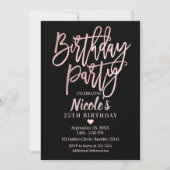 Invitation Fête Anniversaire Rose Rose Gold Foil & Black Mode (Devant)