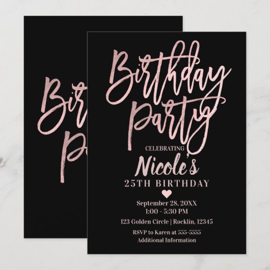 Invitation Fête Anniversaire Rose Rose Gold Foil & Black Mode (Devant / Derrière)