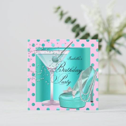 Invitation Fête Anniversaire rose Turquoise bleu turquoise (Debout devant)