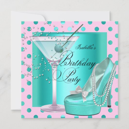 Invitation Fête Anniversaire rose Turquoise bleu turquoise (Devant)