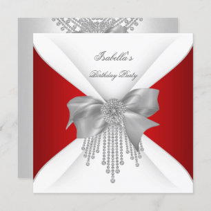 Invitation Fête Anniversaire Rouge Argent Blanc Diamant Bow