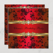 Invitation Fête Anniversaire Rouge Damas Or Noir (Devant / Derrière)