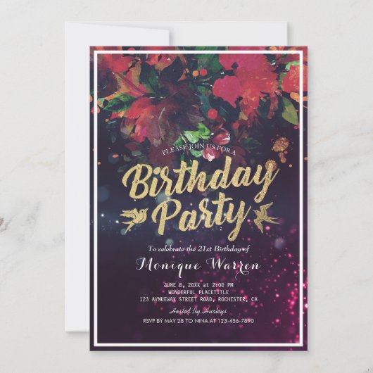 Invitation Fête Anniversaire Rouge Floral Gold Script Purple  (Devant)