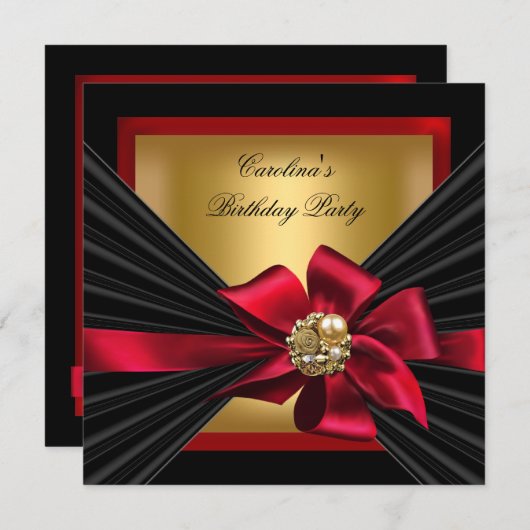 Invitation Fête Anniversaire Rouge or Black Bow Jewel (Devant / Derrière)
