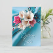 Invitation Fête Anniversaire Soie rose et bleu blanc Floral (Debout devant)