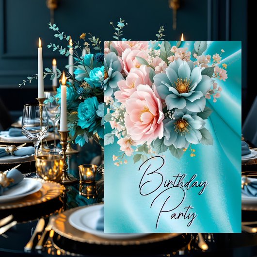 Invitation Fête Anniversaire Soie Turquoise Fleurs Roses Rose