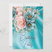 Invitation Fête Anniversaire Soie Turquoise Fleurs Roses Rose (Devant)