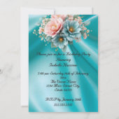 Invitation Fête Anniversaire Soie Turquoise Fleurs Roses Rose (Dos)