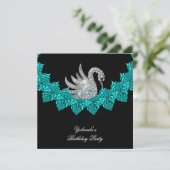 Invitation Fête Anniversaire Swan Turquoise bleu Floral Noir (Debout devant)