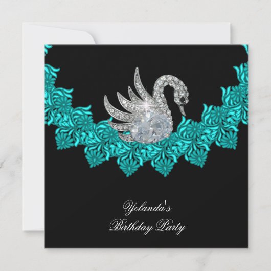 Invitation Fête Anniversaire Swan Turquoise bleu Floral Noir (Devant)
