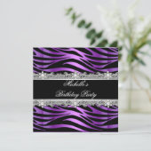 Invitation Fête Anniversaire violet argent Zebra Diamond noir (Debout devant)