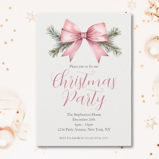 Invitation Fête Aquarelle Rose Ruban Noël