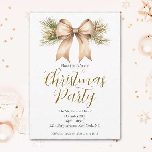 Invitation Fête Aquarelle Ruban Doré Noël