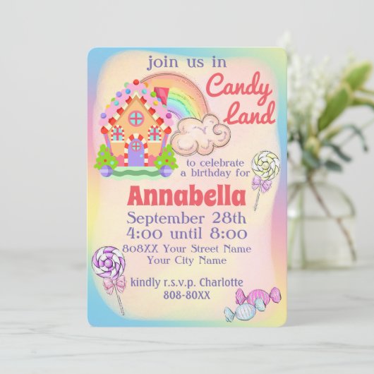 Invitation Fête Arc-en-Ciel Candy Land (Debout devant)
