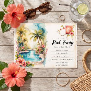 Invitation Fête au bord de la piscine aux palmiers tropicaux 