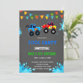 Invitation Fête au bord de la piscine avec des camions monstr (Debout devant)