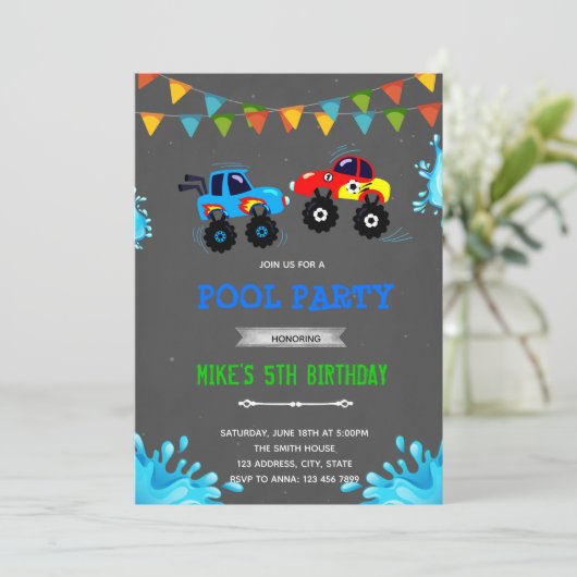 Invitation Fête au bord de la piscine avec des monstres truck (Debout devant)