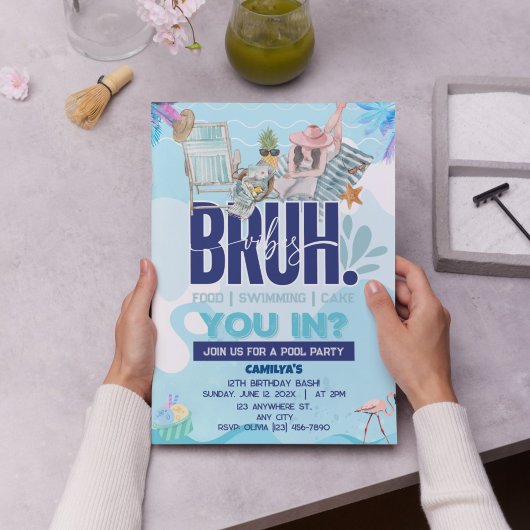 Invitation Fête au bord de la piscine BRUH-tastique pour le m