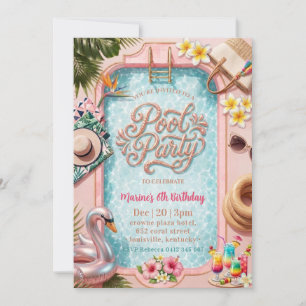 Invitation Fête au bord de la piscine Coquette rose Anniversa