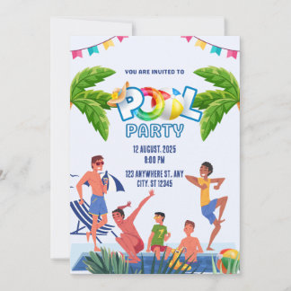 Invitation Fête au bord de la piscine illustrative verte et b