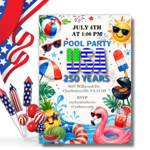 Invitation Fête au bord de la piscine pour le 4 juillet des 2
