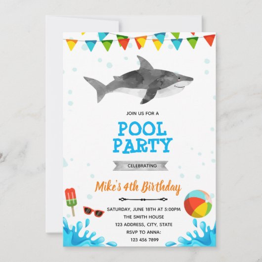 Invitation Fête au bord de la piscine requin plage (Devant)