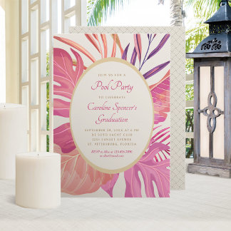 Invitation Fête au bord de la piscine rose de plage tropicale