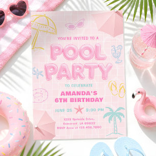 Invitation Fête au bord de la piscine rose pour fille tous le