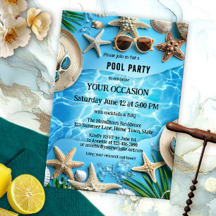 Invitation Fête au bord de la piscine turquoise et joyeuse d'