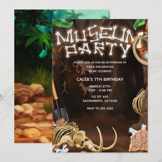 Invitation FÊTE AU MUSÉE Mystère des os de dinosaures Grotte (Devant / Derrière)