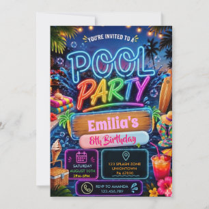 Invitation Fête au Piscine Anniversaire de Natation Néon Lumi