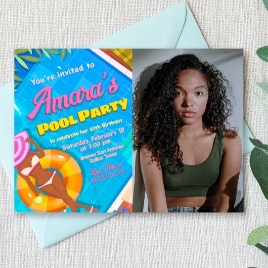 Invitation Fête au Piscine - Fille avec Photo