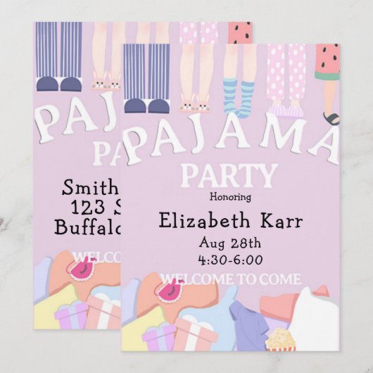 Invitation Fête au pyjama lavande (Devant / Derrière)