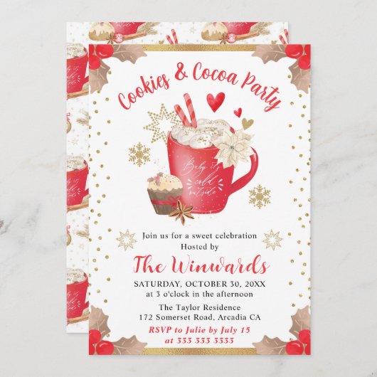 Invitation Fête aux Cookies Rouges et au Chocolat Chaud Hiver (Devant / Derrière)