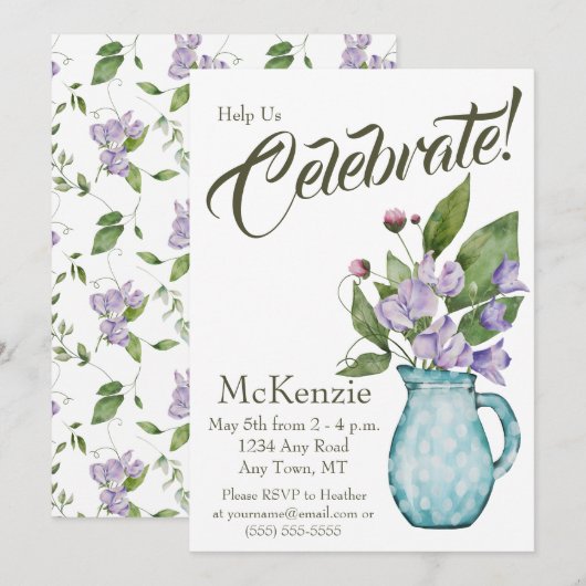 Invitation Fête aux pois de senteur aquarelle violets (Devant / Derrière)