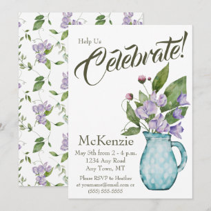 Invitation Fête aux pois de senteur violets aquarelle florale