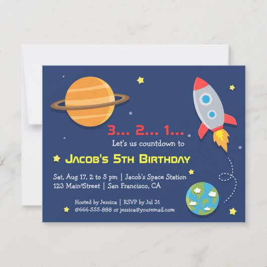 Invitation Fête avec fusée dans l'espace, Anniversaire d'enfa (Devant)